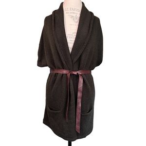 VINCE Green Wool Wrap Cardigan Sweater Leather Tie Belt Pockets SS Women's Sz M